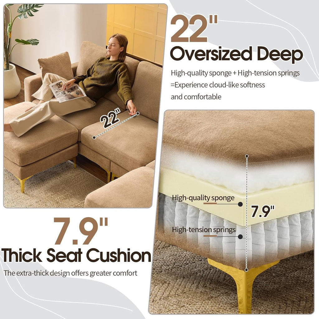 Khaki One Hundred Inch U Shaped Chenille Luxurious Couch ShipItFurniture