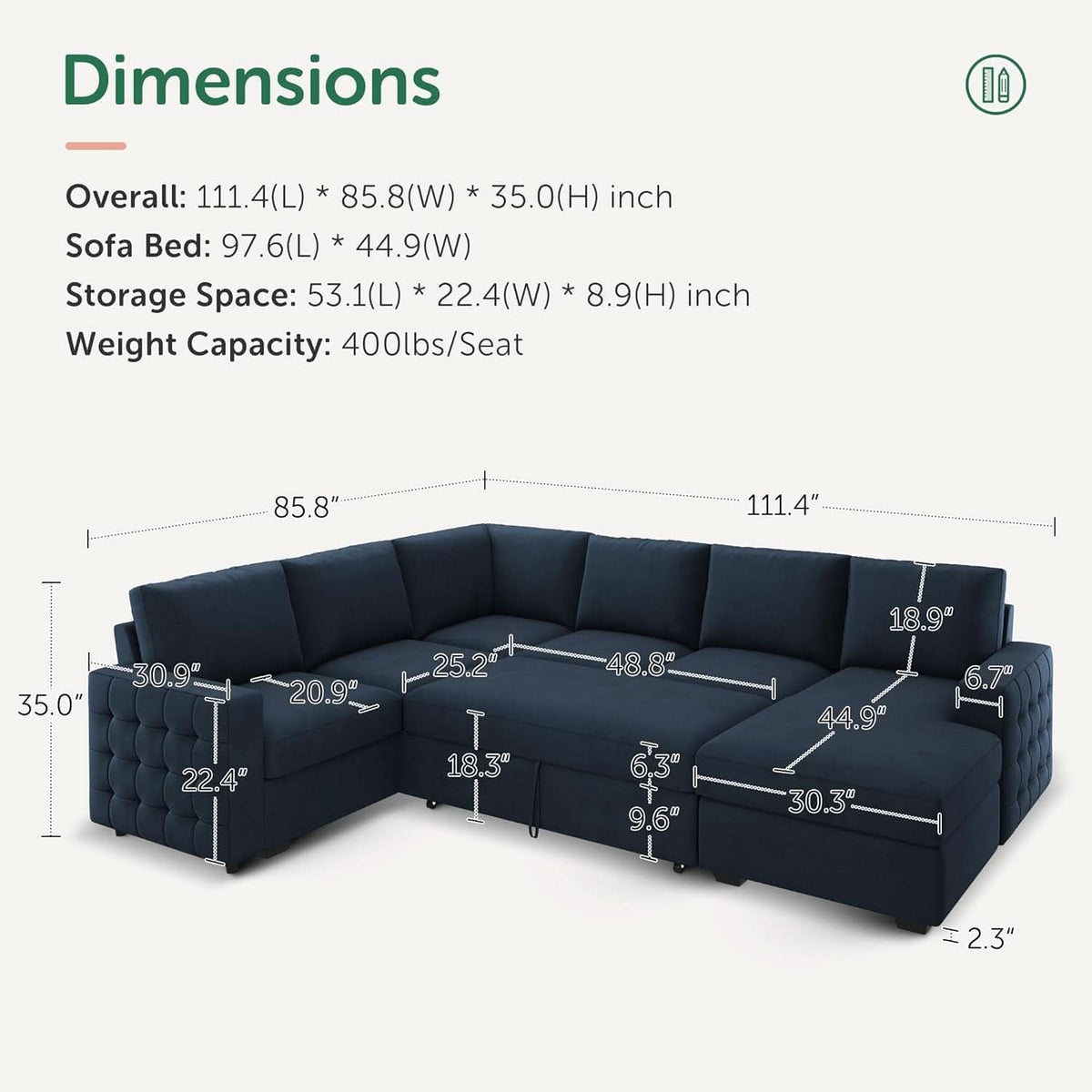 Blue Velvet U Shaped Sleeper Sofa With Pull Out Bed ShipItFurniture