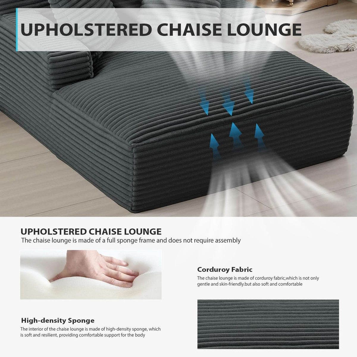 Sumptuously Oversized Dark Grey Chaise Lounge Chair ShipItFurniture