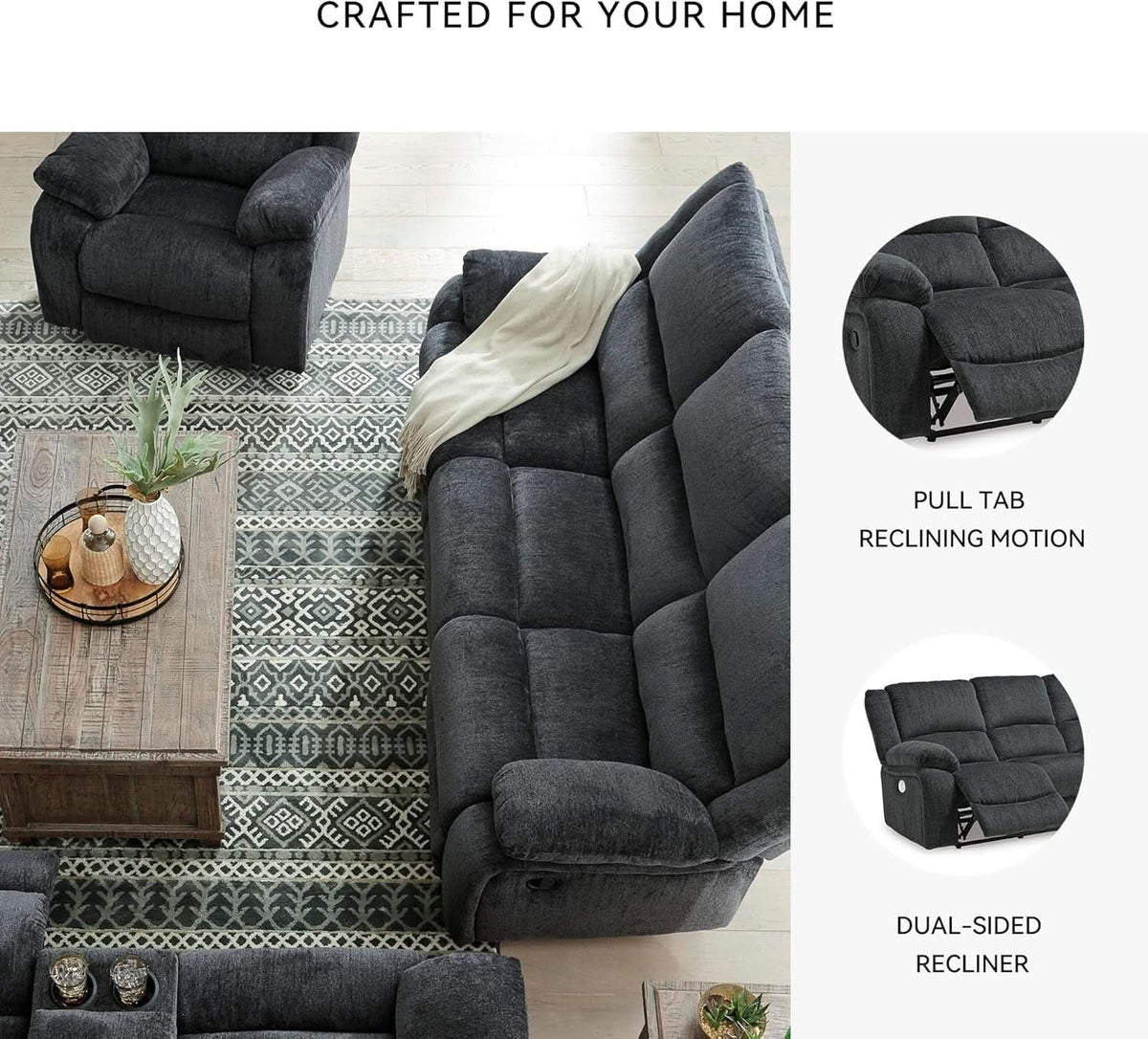 Draycoll Contemporary Manual Reclining Sofa Dark Gray ShipItFurniture