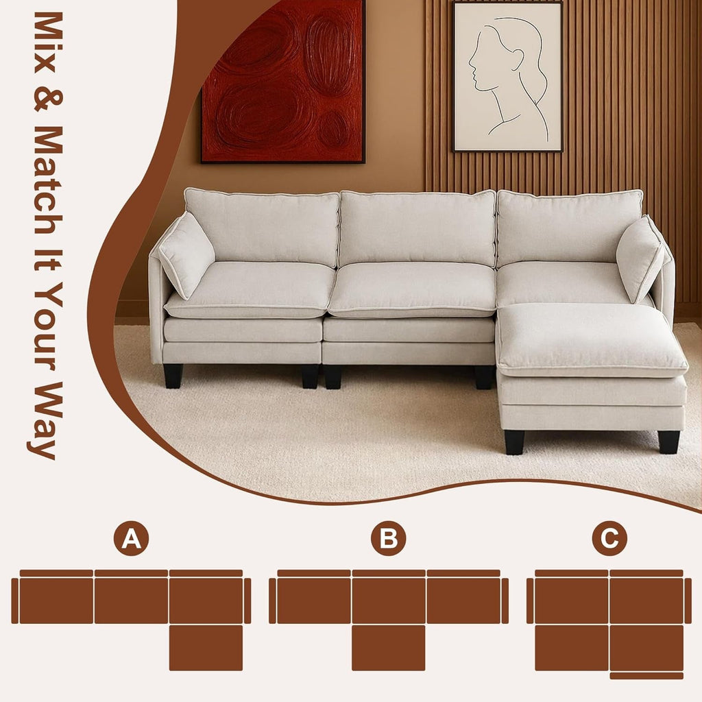111Inch Modular Sectional Sofa Beige Upholstered Cushions ShipItFurniture