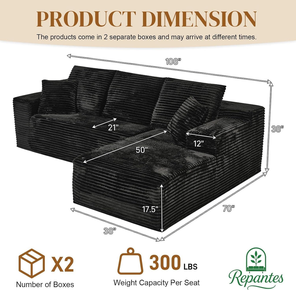 108 Inch Corduroy Left Facing Sectional Sofa Charcoal ShipItFurniture
