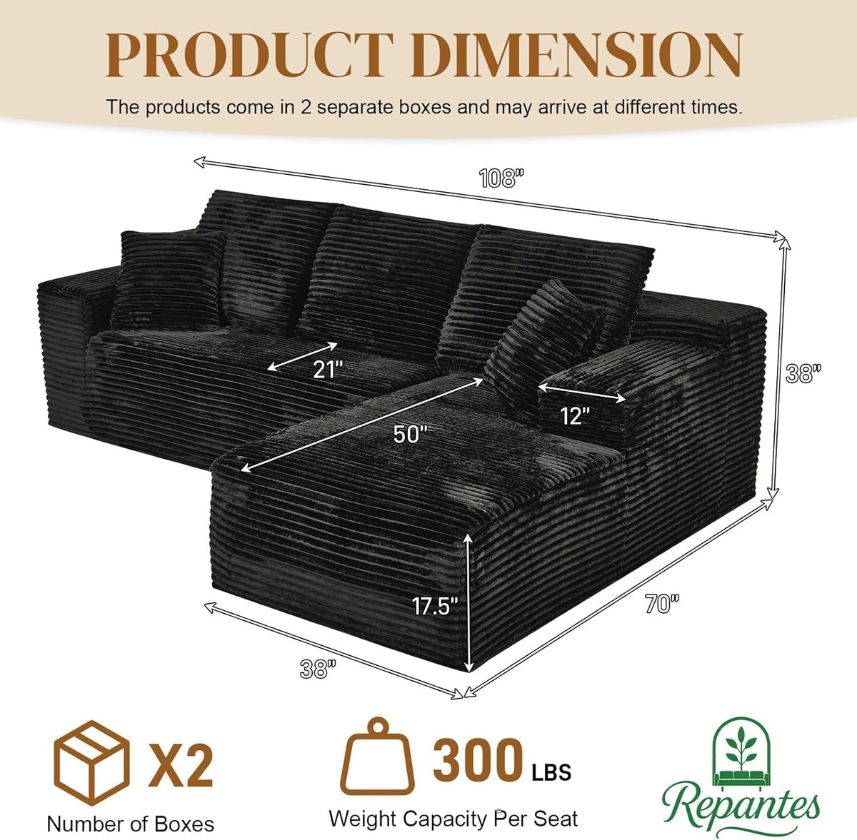 108 Inch Corduroy Left Facing Sectional Sofa Charcoal ShipItFurniture