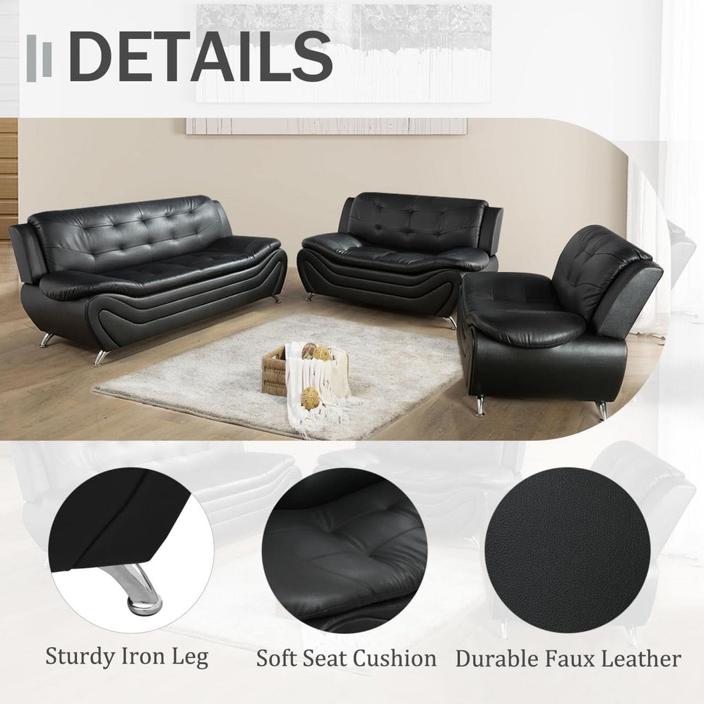 3 Piece Faux Leather Sofa Set For Living Room Black 3 Seater Sofa Loveseat Armchair ShipItFurniture