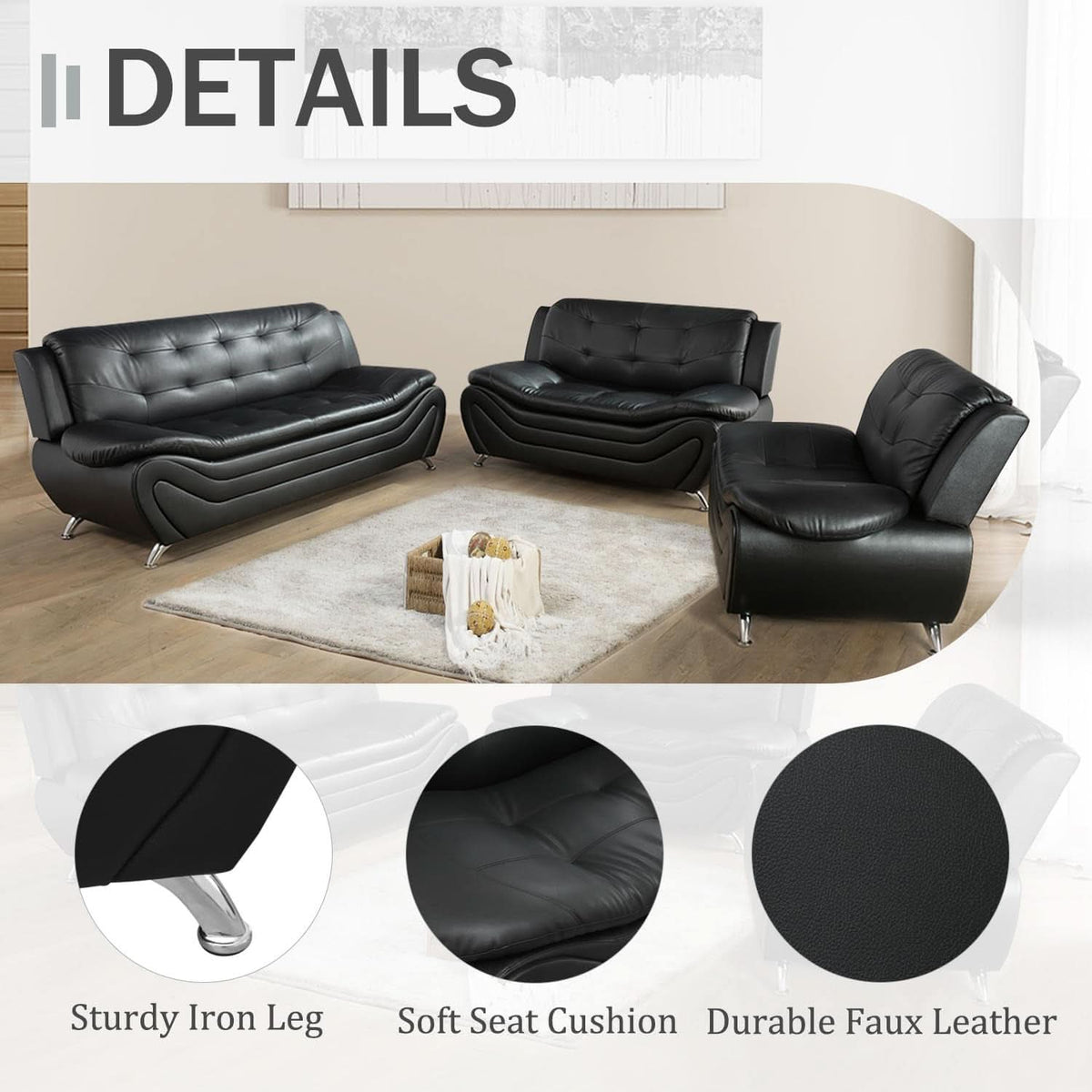 3 Piece Faux Leather Sofa Set For Living Room Black 3 Seater Sofa Loveseat Armchair ShipItFurniture
