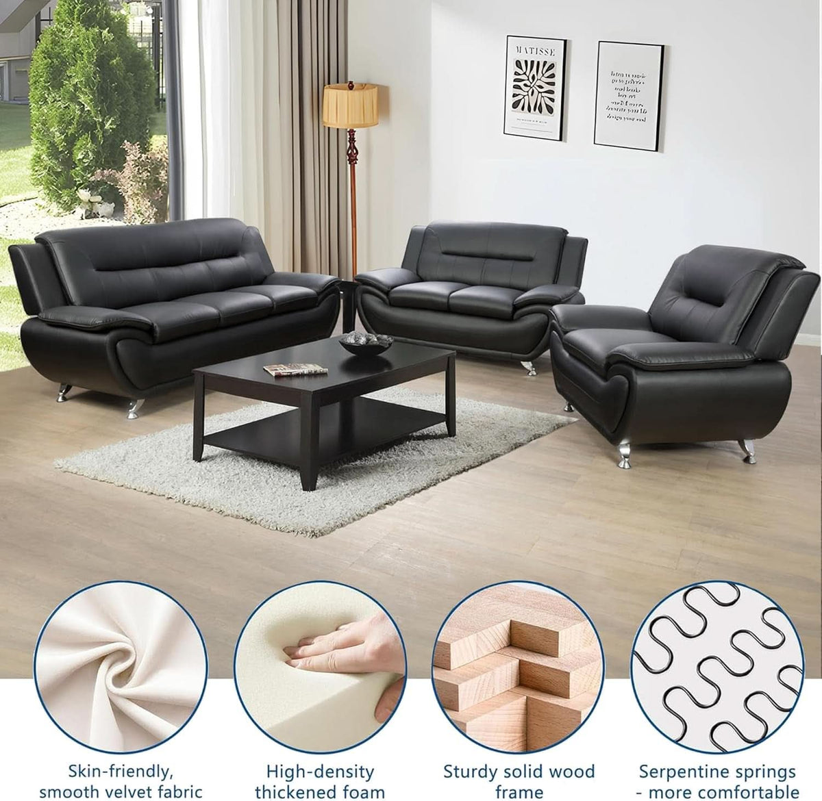 3 Piece Black Sofa Set Modern Living Room Couch Set Sofa Loveseat Chair For Home Decor ShipItFurniture