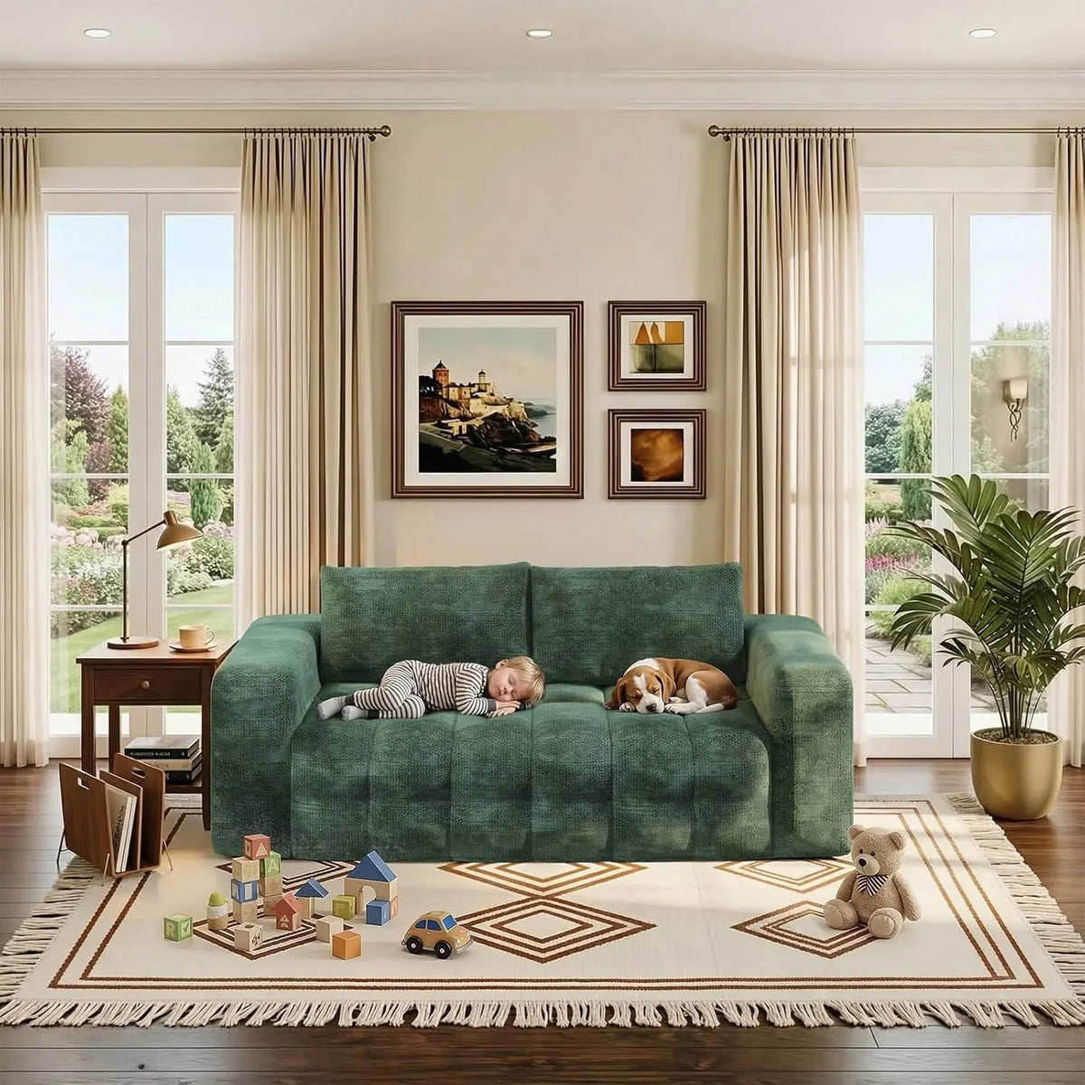 76 Inch Oversized Dark Emerald Velvet Chenille Couch ShipItFurniture