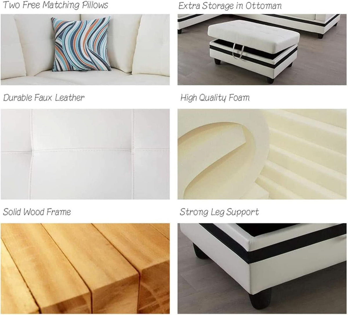 Sectional Sofa Faux Leather White L Shaped Couch Set ShipItFurniture