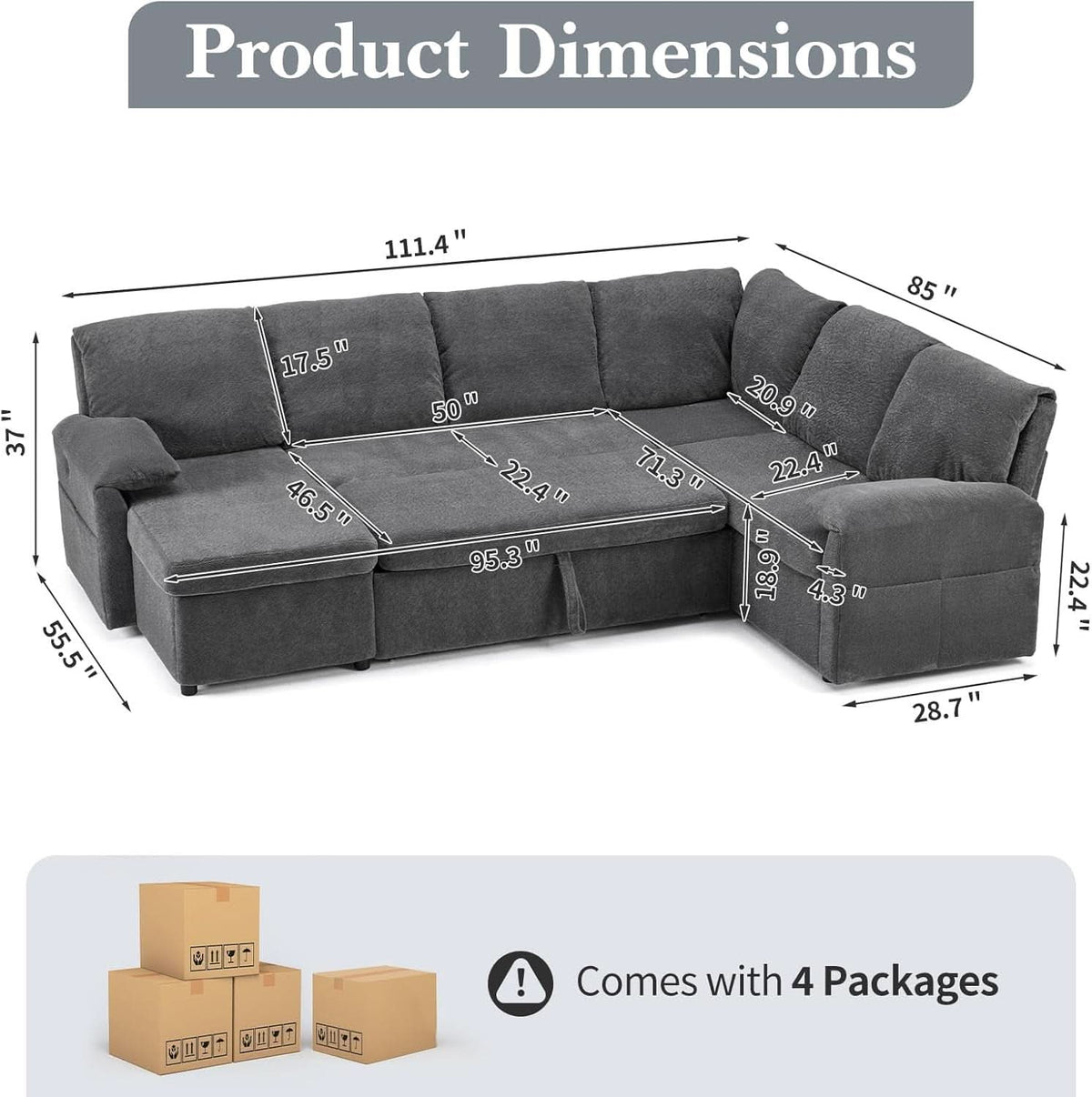 Convertible Sofa Bed With CloudLike Storage Chaise ShipItFurniture