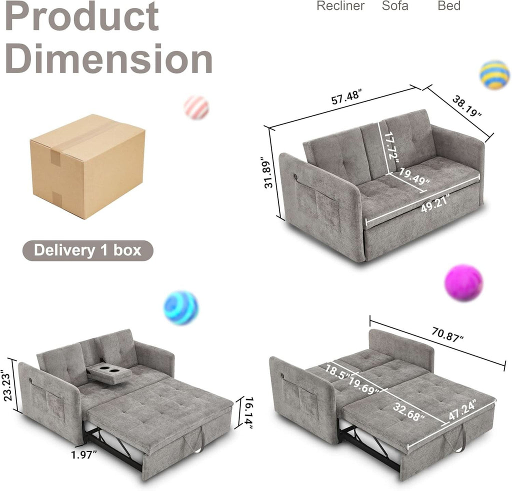 57 Inch Convertible Sofa Bed With USB Charging Ports Grey ShipItFurniture