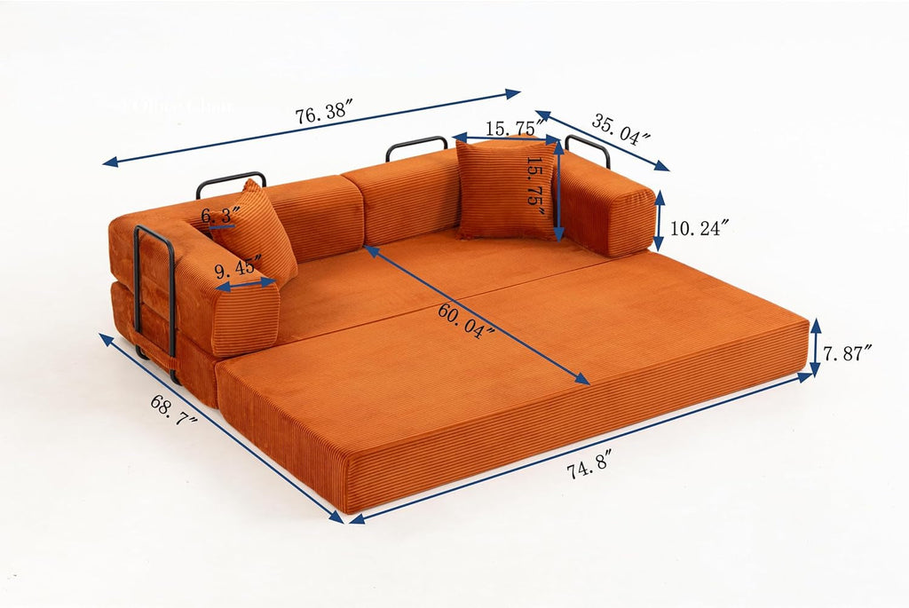 76 Inch Corduroy Premium Futon Sofa Bed For Small Spaces Orange ShipItFurniture