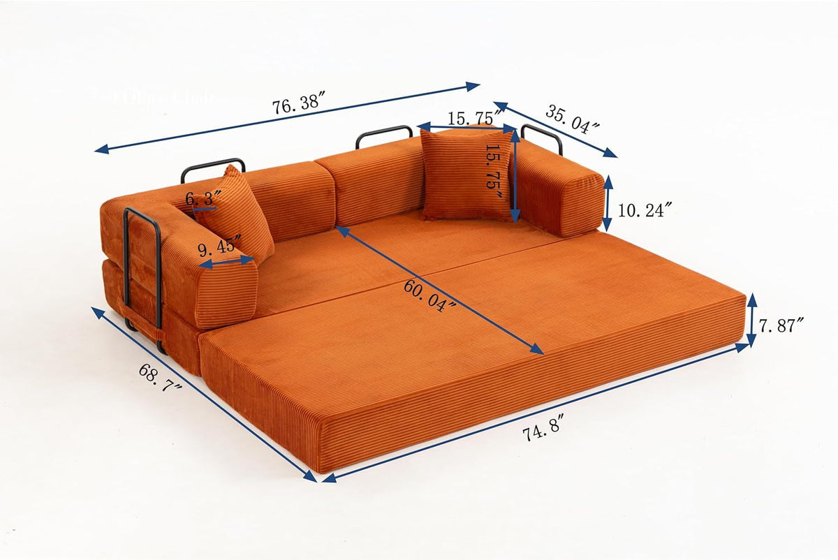 76 Inch Corduroy Premium Futon Sofa Bed For Small Spaces Orange ShipItFurniture