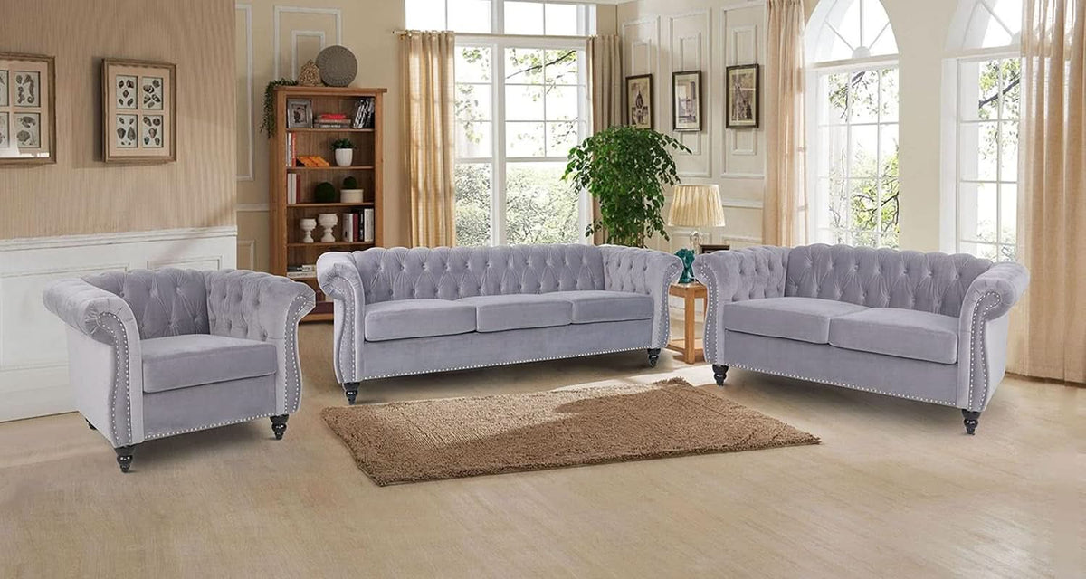 Three Piece Living Room Sofa Set Grey Velvet Chesterfield Sofa Club Chair Loveseat Nailhead Trim ShipItFurniture