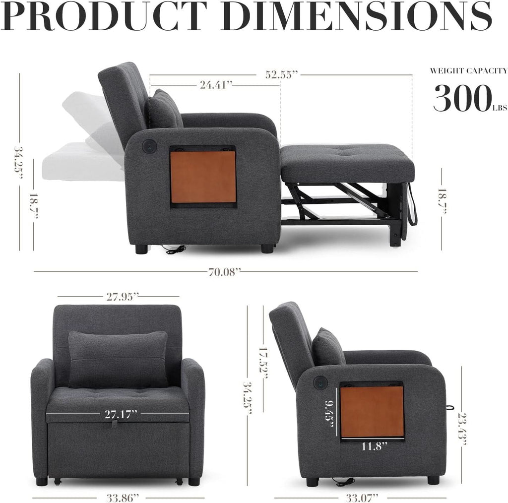 Convertible Sleeper Armchair Charcoal Gray USB Port ShipItFurniture