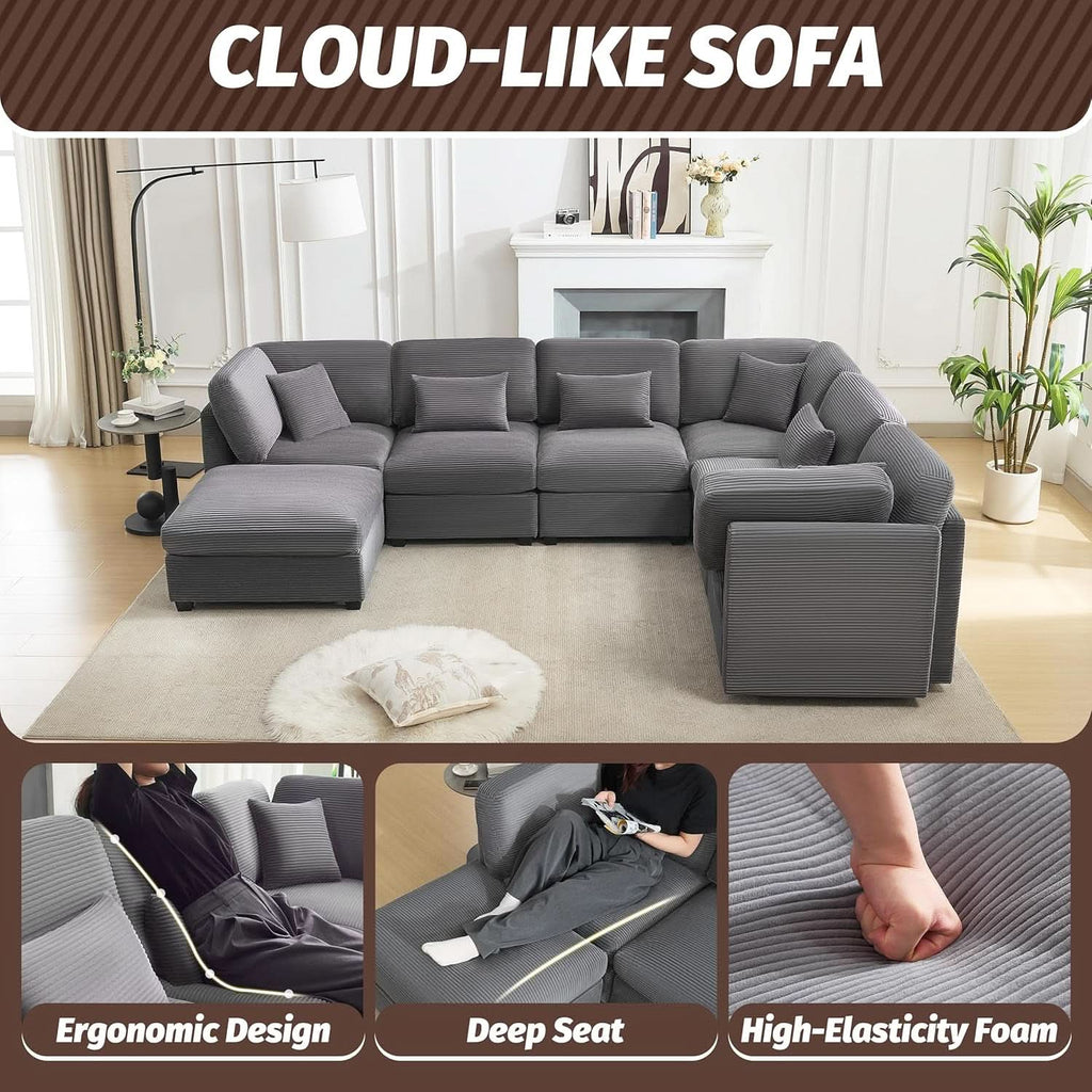 125Inch Oversized Corduroy Cloud Sleeper Grey Sofa ShipItFurniture