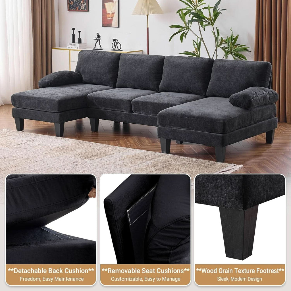 110 Inch U Shaped Sectional Couch For Living Room With Double Chaise In Chenille Fabric Black ShipItFurniture