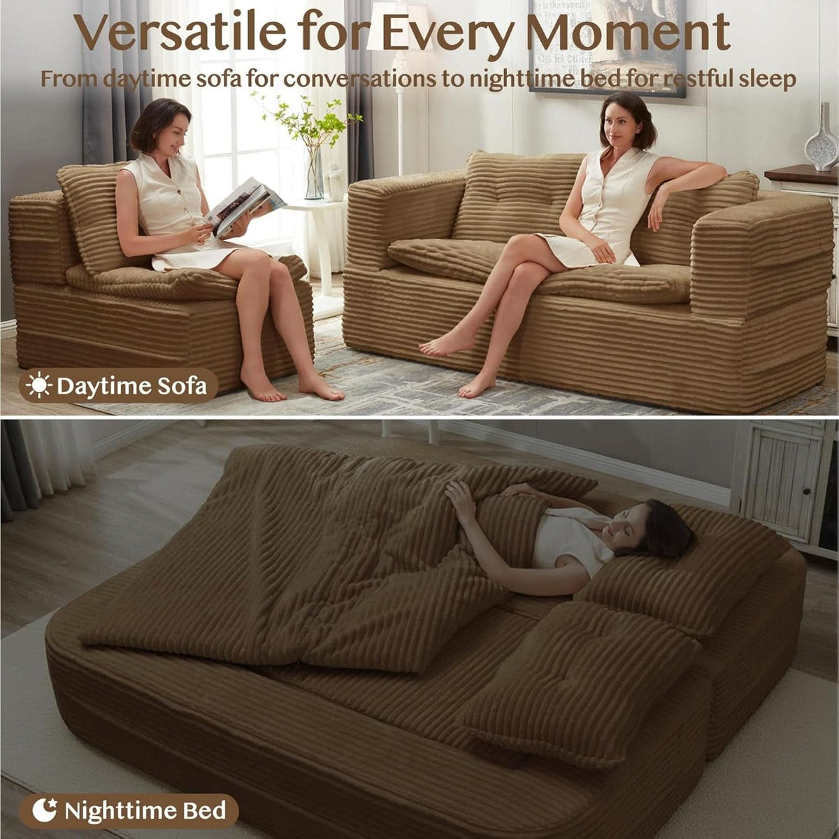 Camel King Size Corduroy Futon Pro Lux Sofa Bed Chaise Lux ShipItFurniture