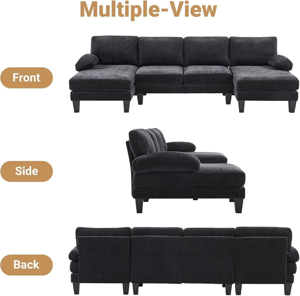 110 Inch U Shaped Sectional Couch For Living Room With Double Chaise In Chenille Fabric Black ShipItFurniture