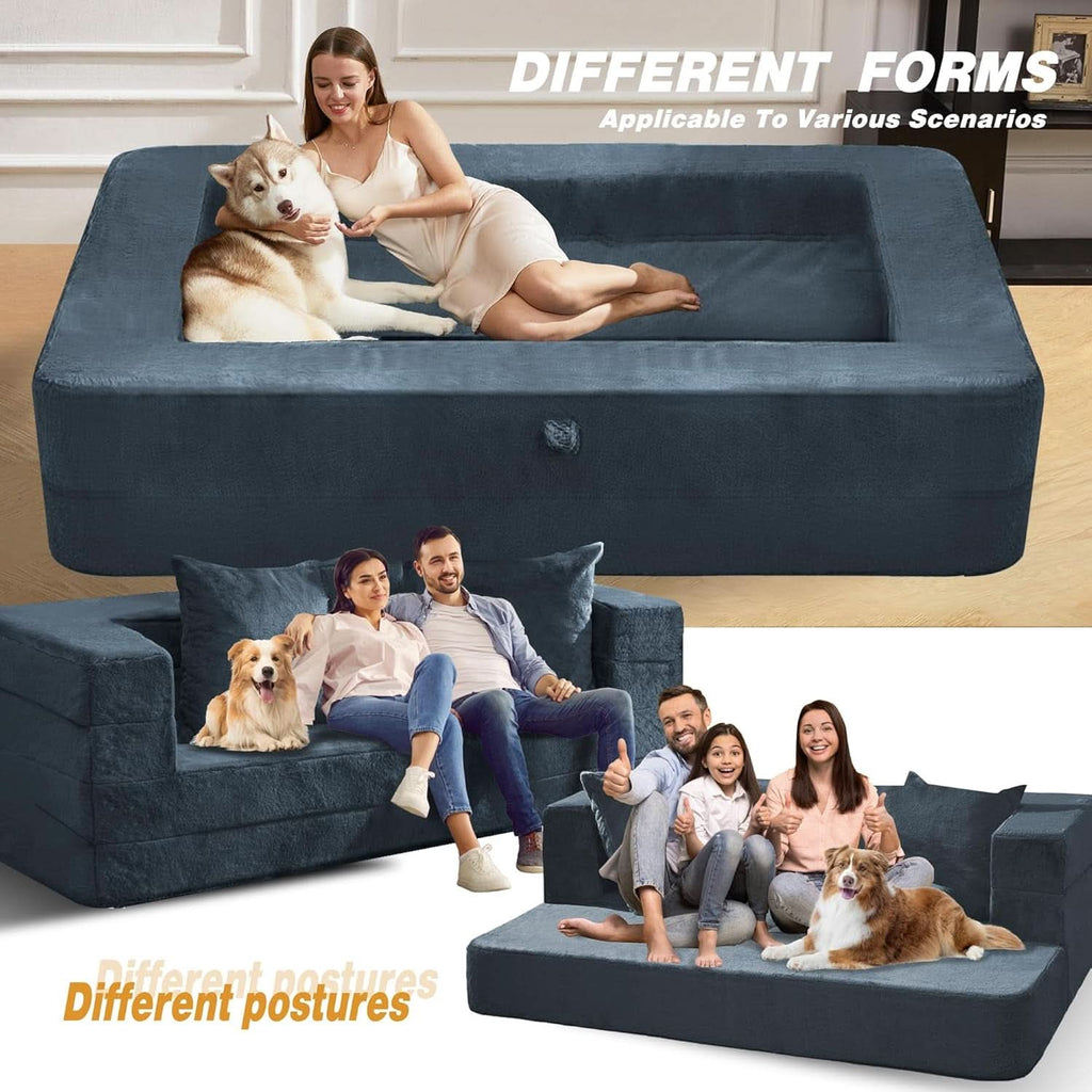 Blue Gray Large 3-In-1 Folding Bean Bag Couch Sofa Bed ShipItFurniture