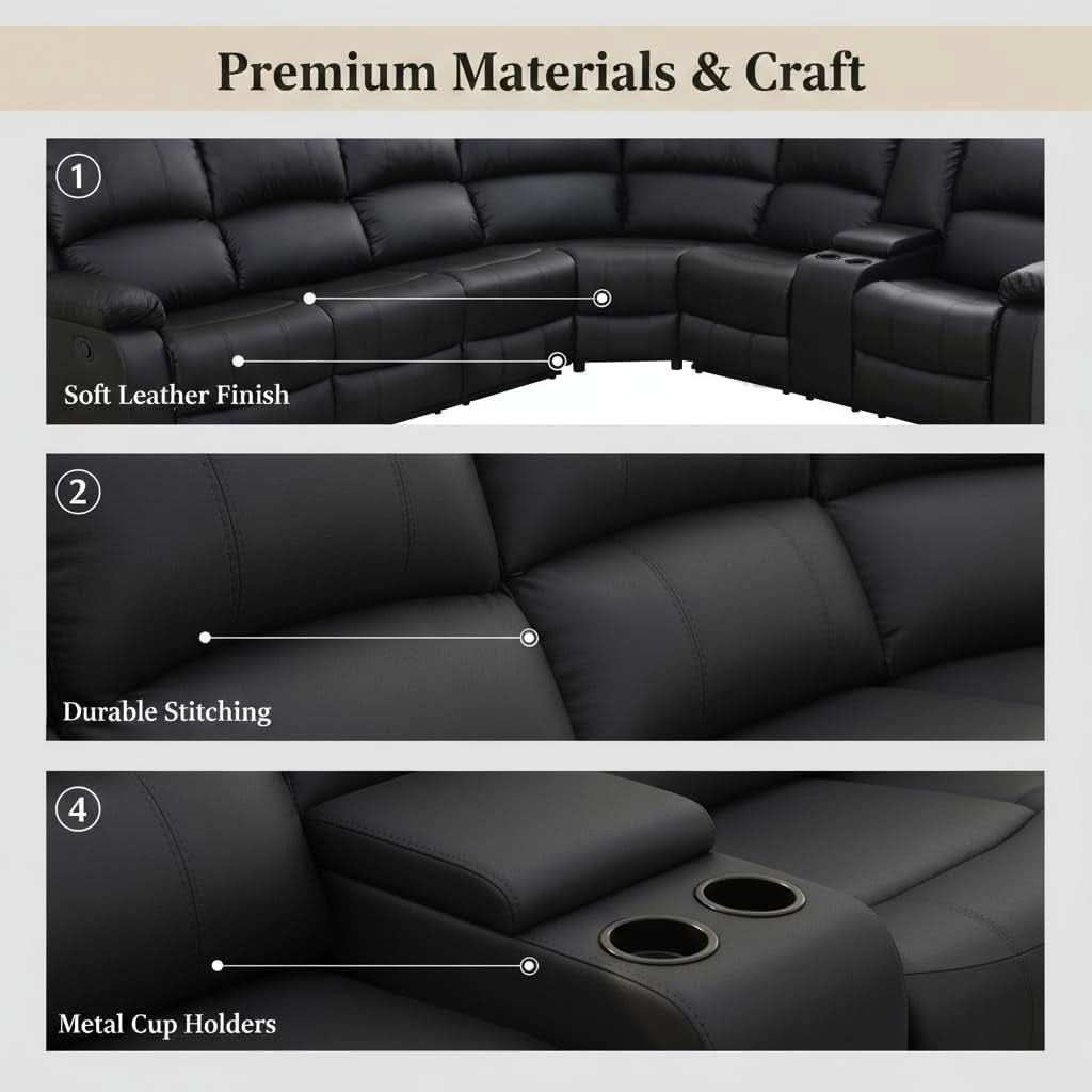 Power Reclining Leather Sectional Sofa Black Home Theater ShipItFurniture