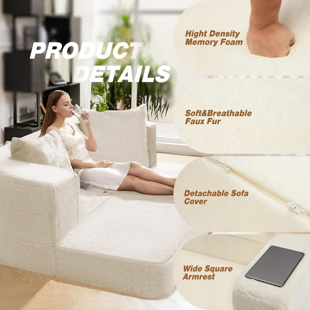 Milky White Large 3 In 1 Folding Bean Bag Couch Faux Fur ShipItFurniture