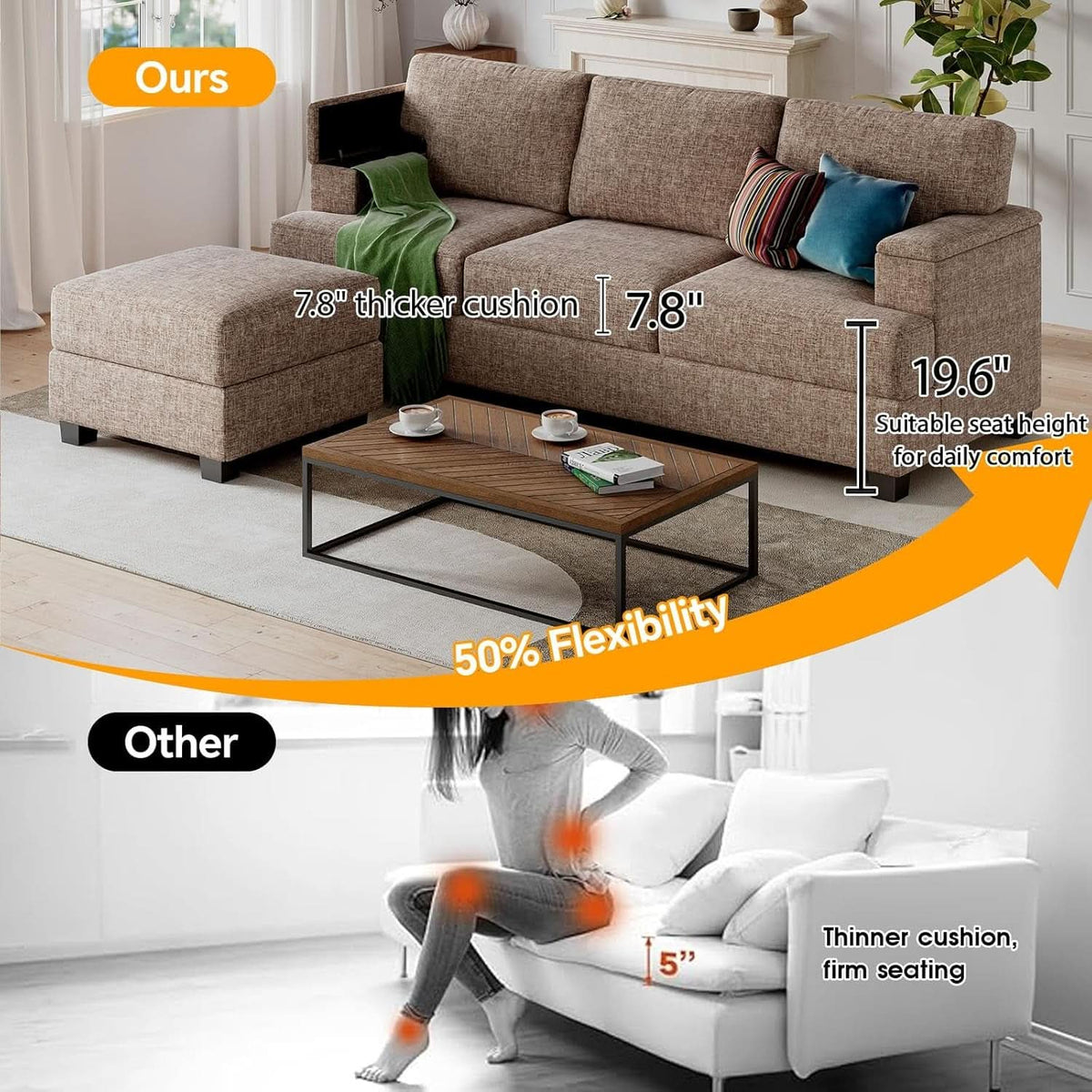 85 Inch L Shaped Couch Armrest Organizer Movable Ottoman ShipItFurniture