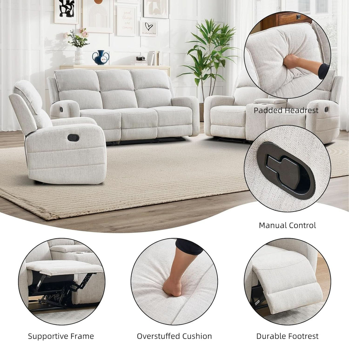 Manual Reclining Three Seat Upholstered Fabric Sofa ShipItFurniture