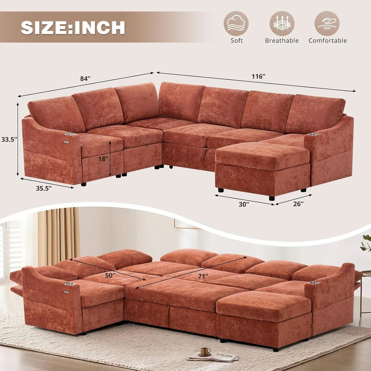 116Inch Orange Chenille Fabric Modular Sleeper Sofa USB ShipItFurniture