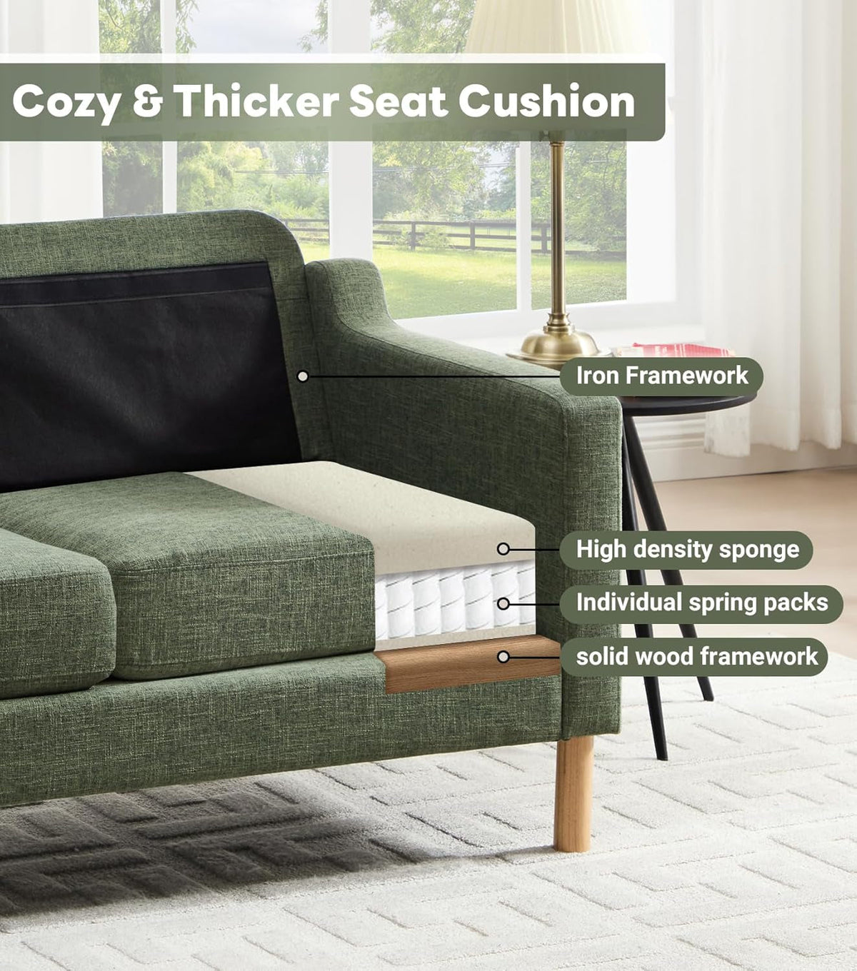 Dark green Linen Upholstered Mid Century Modern Sofa ShipItFurniture
