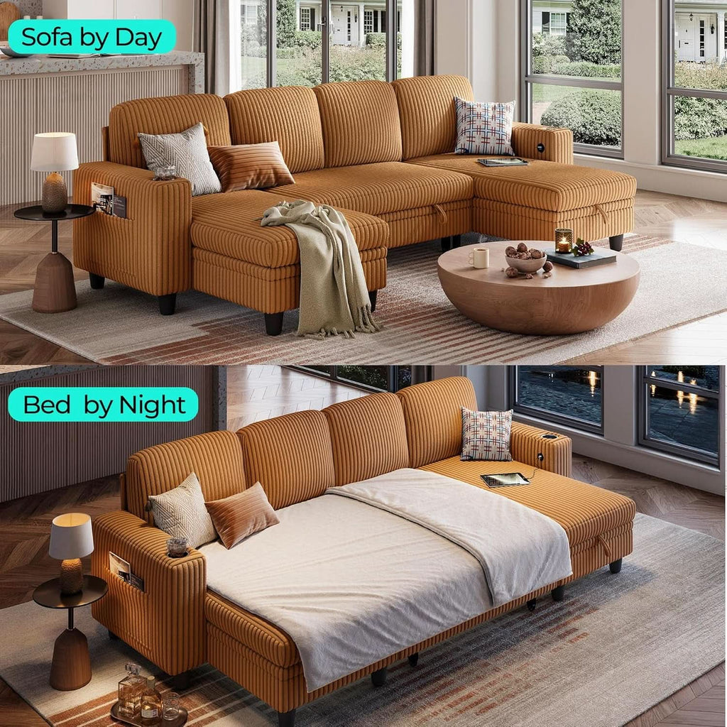 Brown UShaped Convertible Sectional Sofa Bed USBPort ShipItFurniture