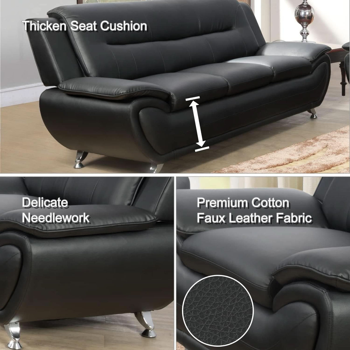 3 Piece Black Sofa Set Modern Living Room Couch Set Sofa Loveseat Chair For Home Decor ShipItFurniture