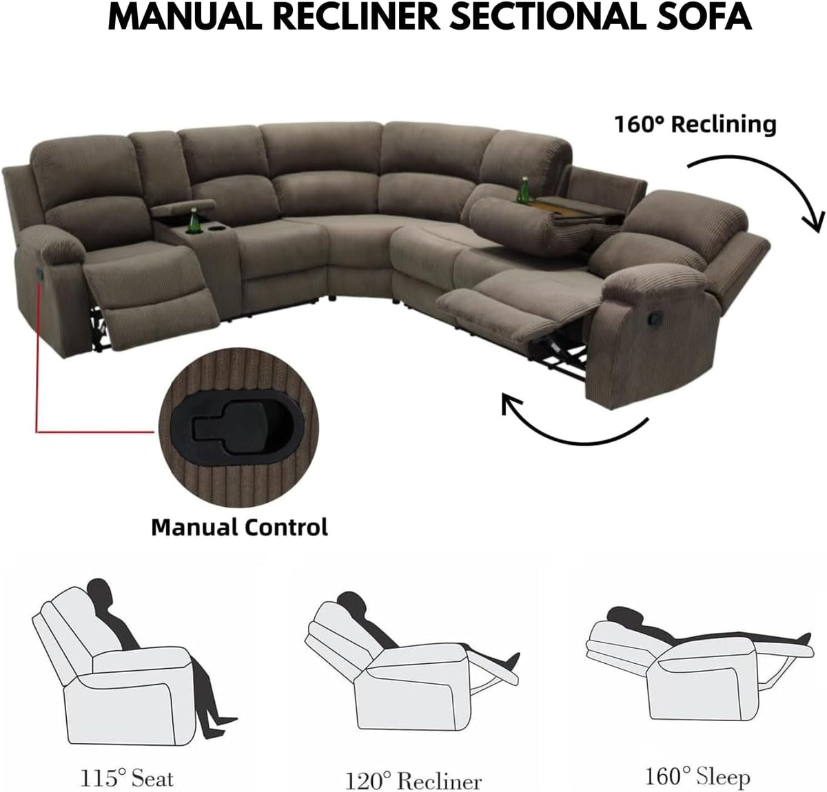 Comfortable Recliner Sectional Sofa Peanut Cup Holders ShipItFurniture