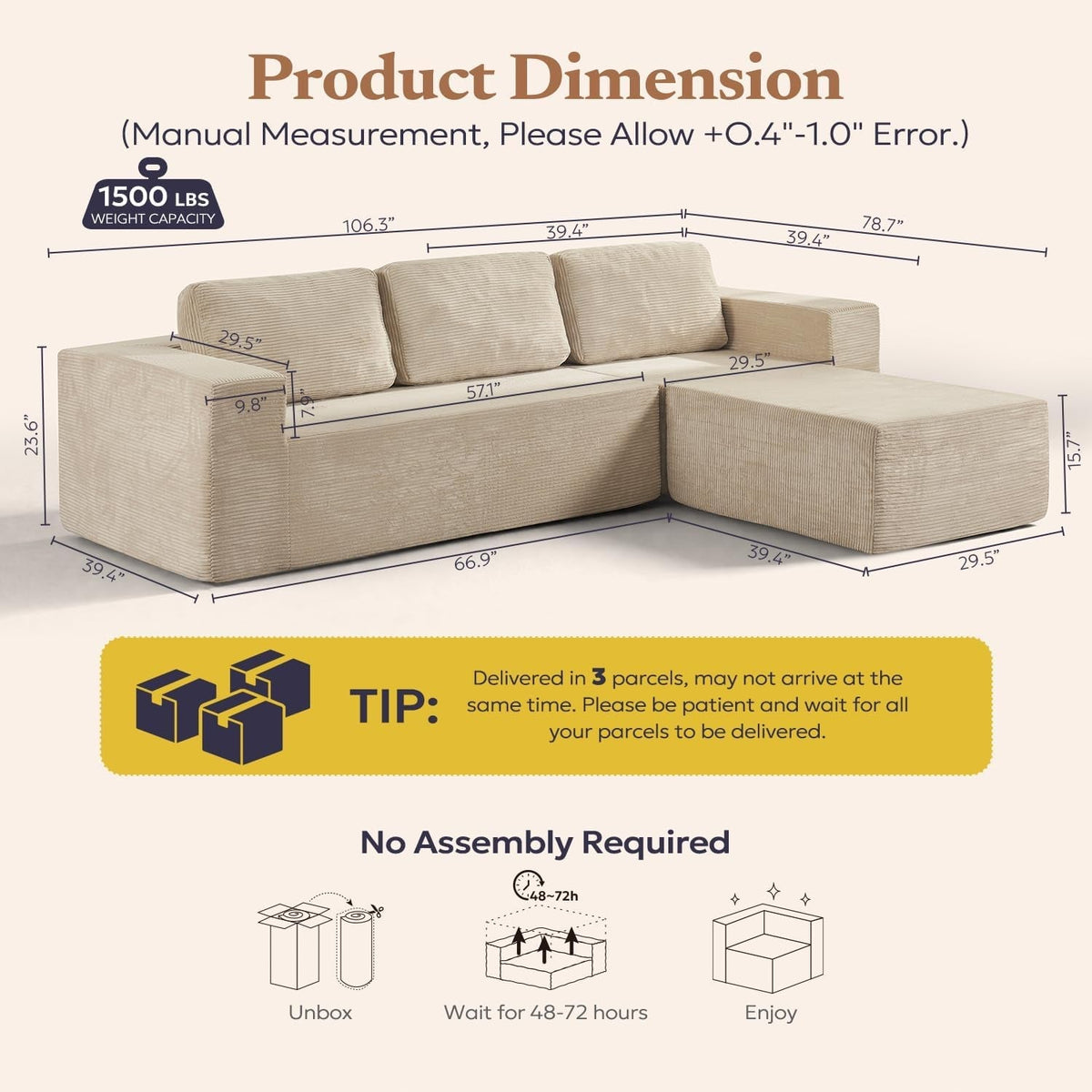 106 Inch Cloud Sectional Sofa Beige Contemporary Sofa ShipItFurniture