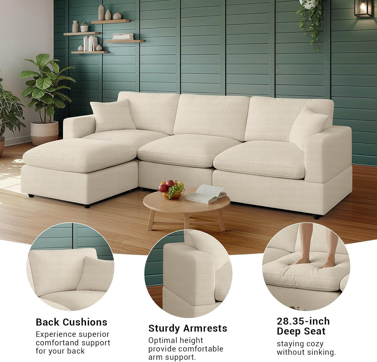 Khaki 68Inch Deep Overstuffed Modular Sectional Sofa ShipItFurniture