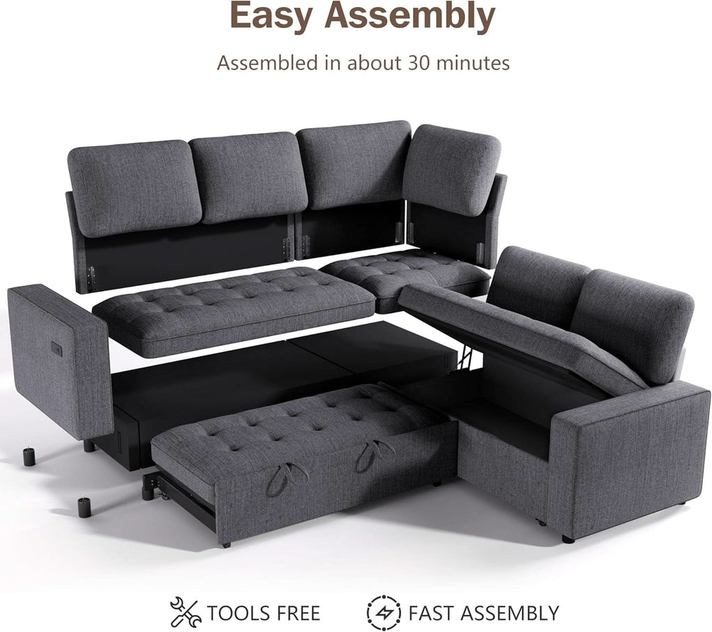 85 Inch Ultrasoft Chenille L Shaped Sleeper Couch Sofa ShipItFurniture