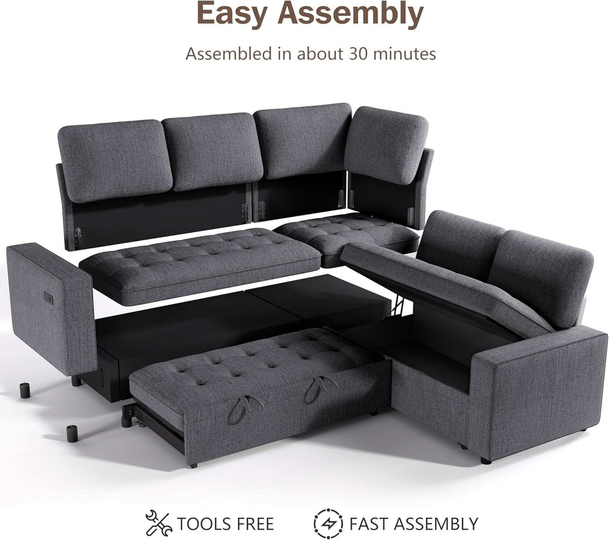 85 Inch Ultrasoft Chenille L Shaped Sleeper Couch Sofa ShipItFurniture
