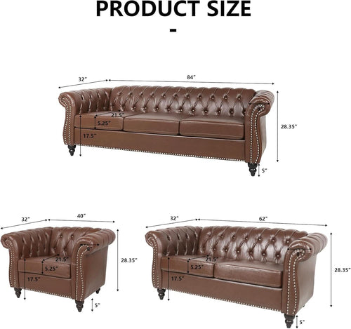 3 Piece Chesterfield Leather Sofa Set With Rolled Arms And Nailhead Trim Modern Brown Living Room Set ShipItFurniture