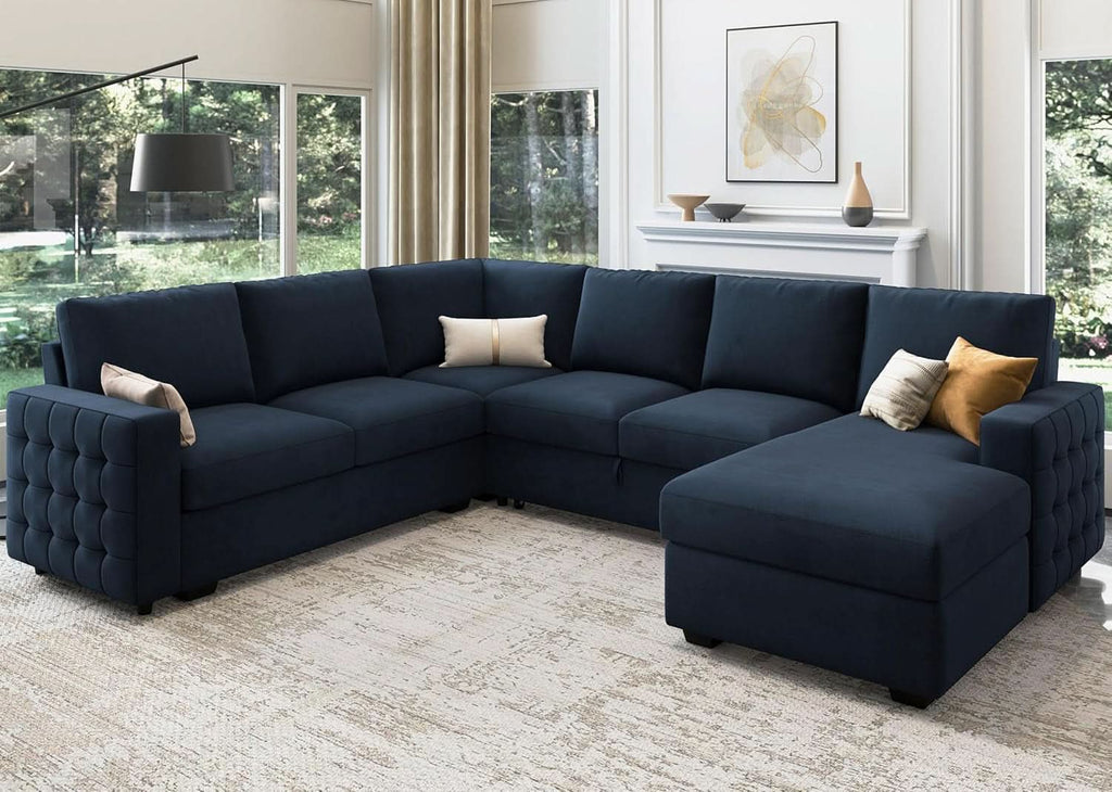Blue Velvet U Shaped Sleeper Sofa With Pull Out Bed ShipItFurniture