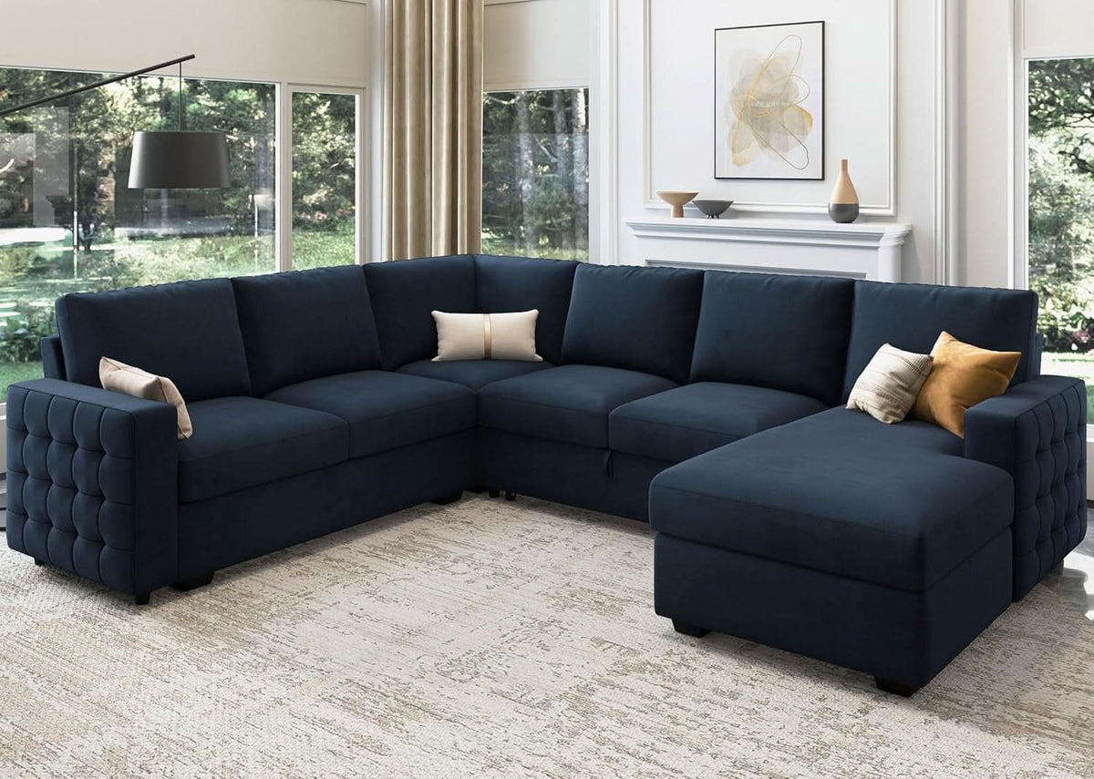 Blue Velvet U Shaped Sleeper Sofa With Pull Out Bed ShipItFurniture