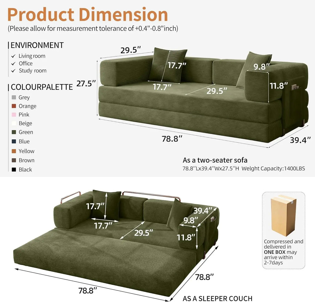 Emerald 78.8 Inches Transformable Sleeper Couch Bed ShipItFurniture