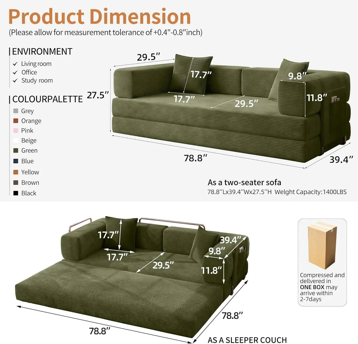 Emerald 78.8 Inches Transformable Sleeper Couch Bed ShipItFurniture