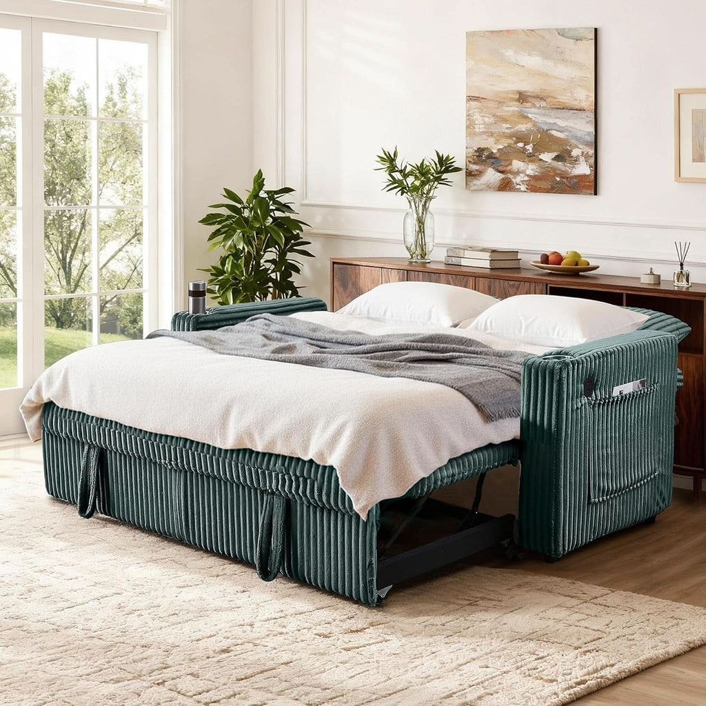 65Inch Sleeper Sofa Bed CorduroyFabric Emerald Green ShipItFurniture