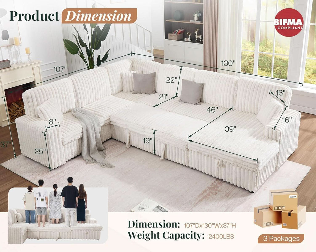 One Hundred Thirty Inch Sleeper Sofa With White Faux Fur ShipItFurniture