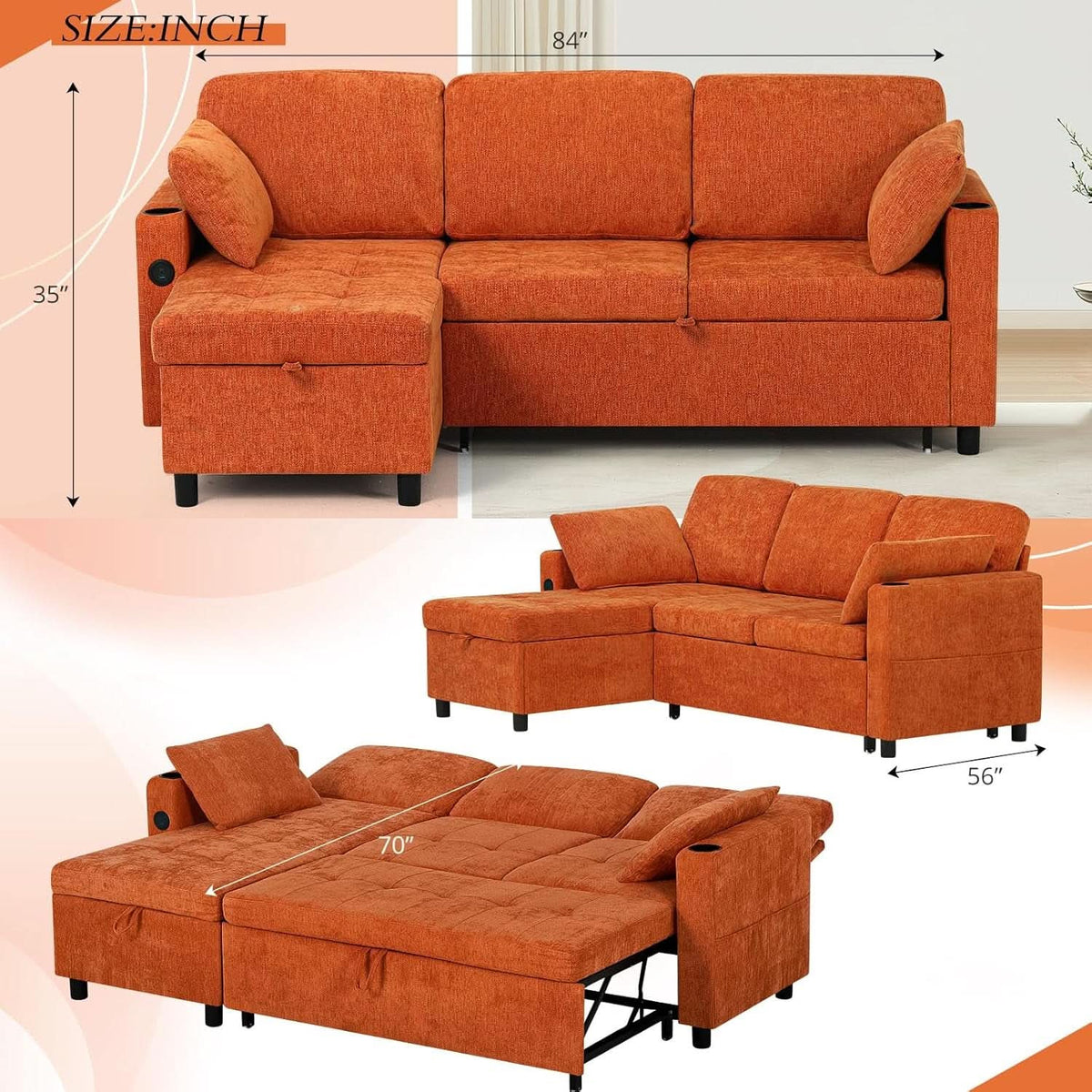 84Inches BrightOrange Chenille Pullout Sofa Bed USBPort ShipItFurniture