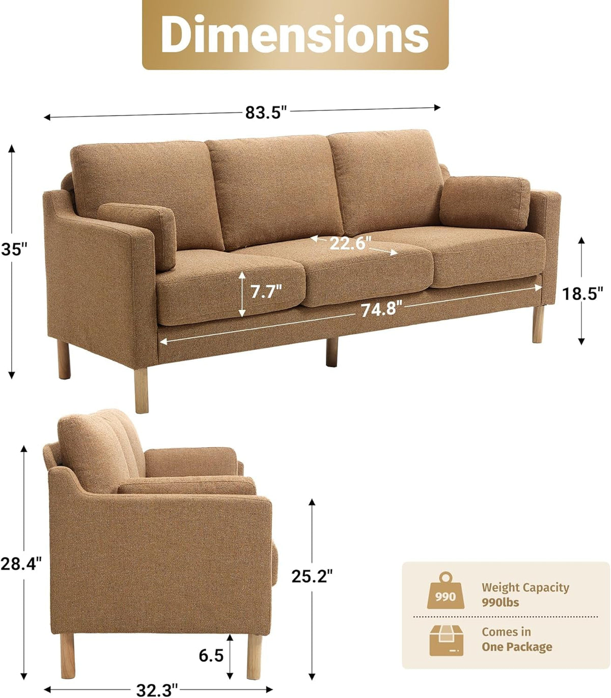 Ginger Linen Fabric 83.5 Inches Deep Seat Upholstered Sofa ShipItFurniture
