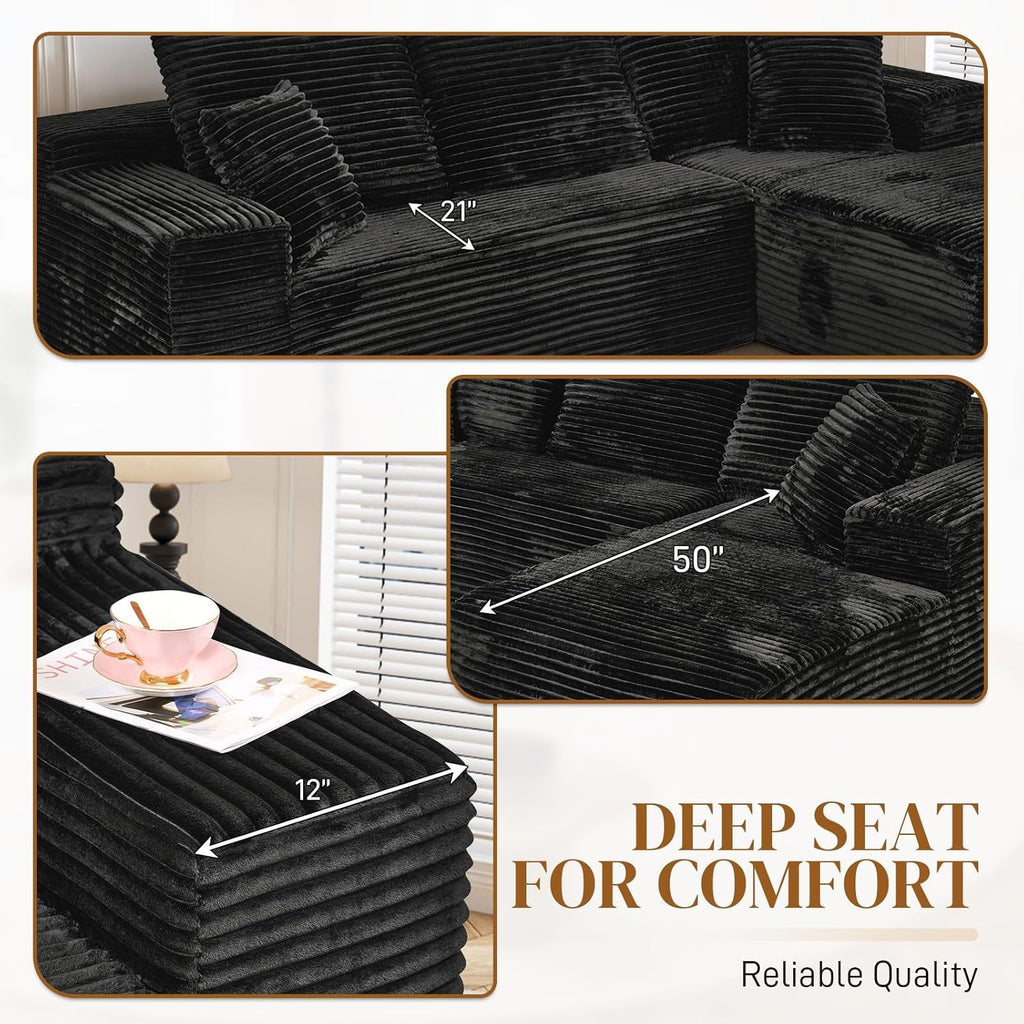 108 Inch Corduroy Left Facing Sectional Sofa Charcoal ShipItFurniture