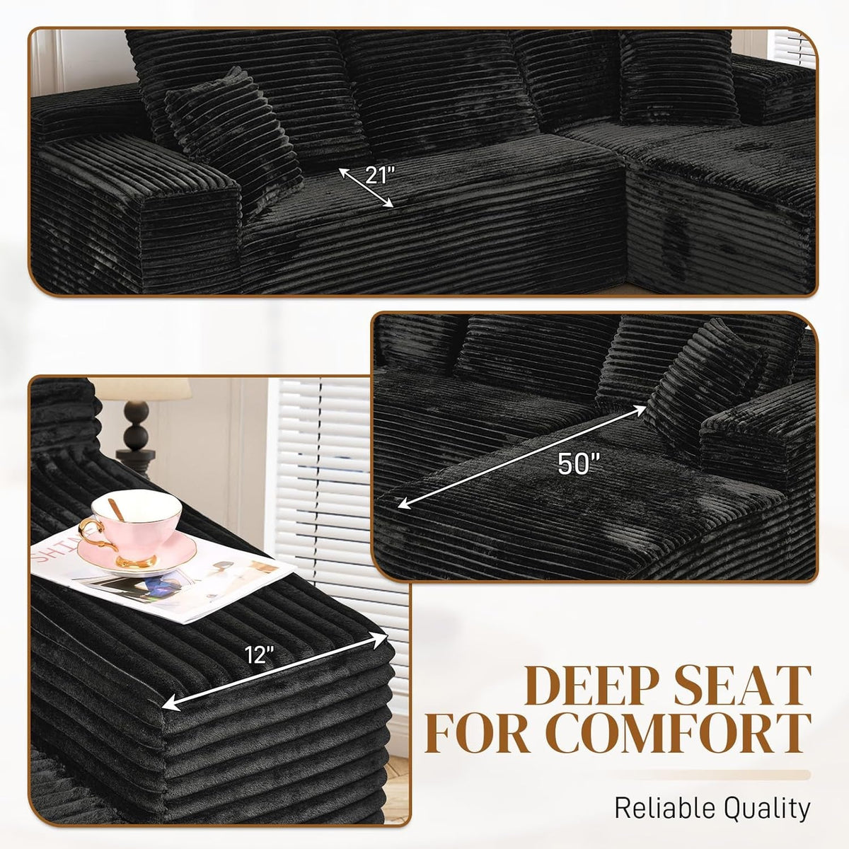 108 Inch Corduroy Left Facing Sectional Sofa Charcoal ShipItFurniture