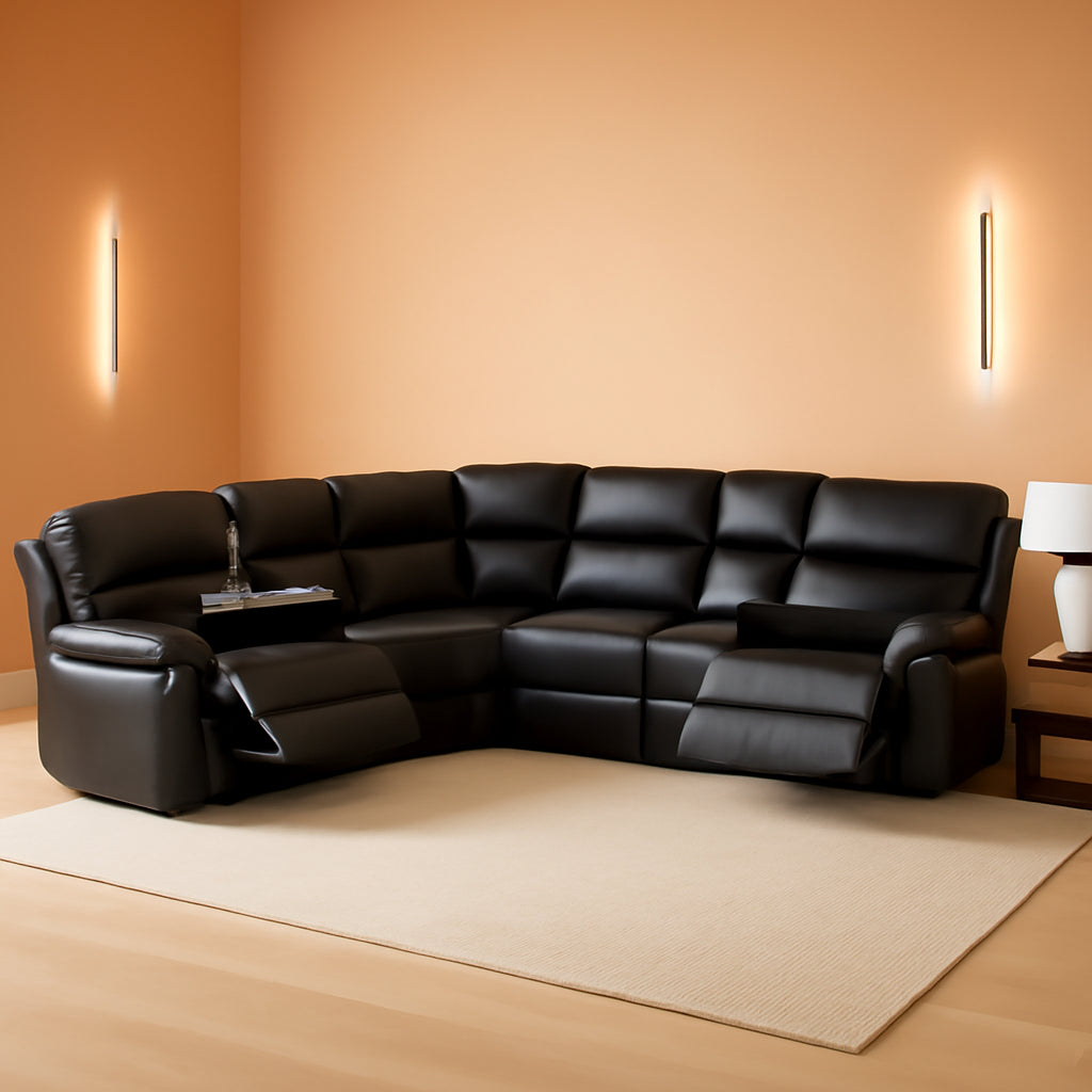 Manual Recliner Sectional Sofa Set Bonded Leather Black ShipItFurniture