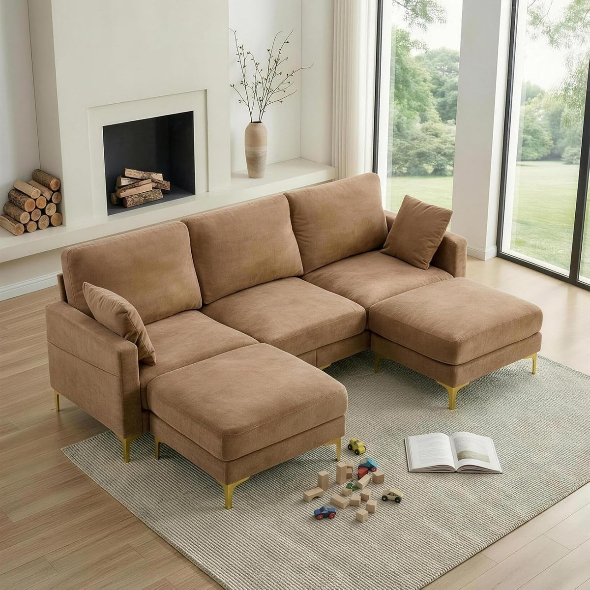 Khaki One Hundred Inch U Shaped Chenille Luxurious Couch ShipItFurniture