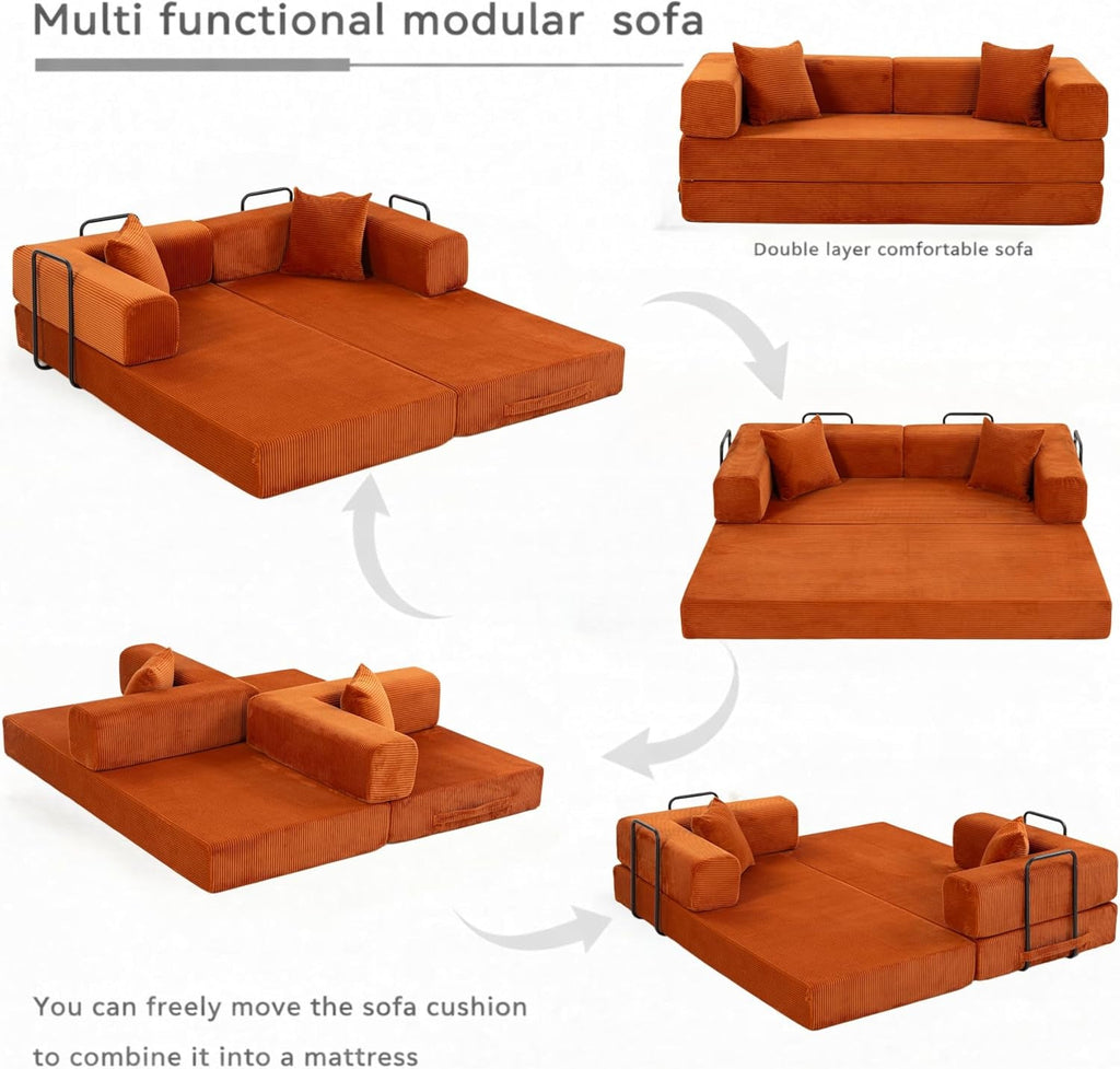 76 Inch Corduroy Premium Futon Sofa Bed For Small Spaces Orange ShipItFurniture